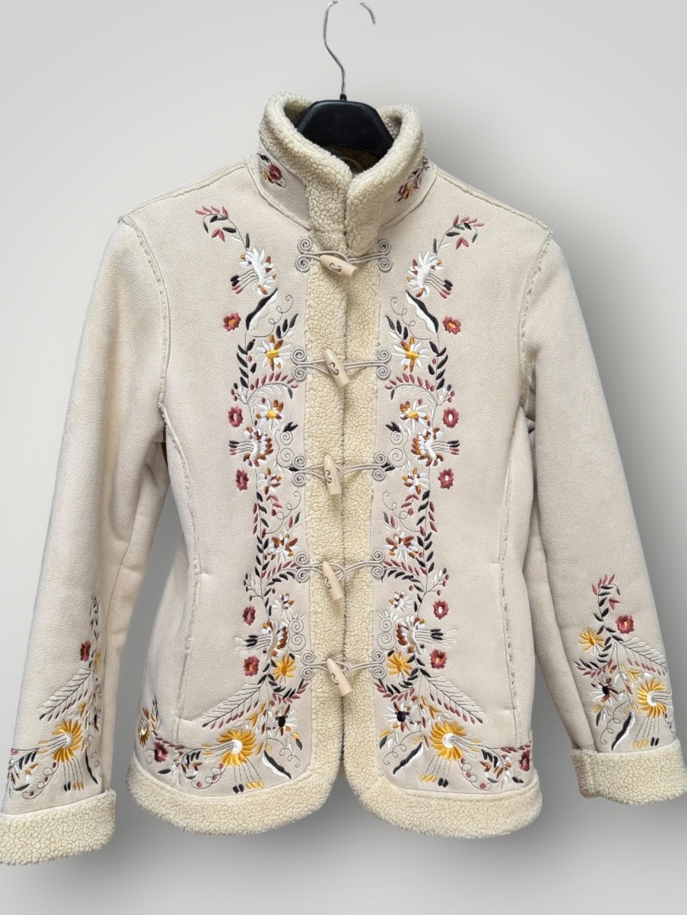 1 Madison Embroidered Cream Sherpa-Trim Jacket Coat